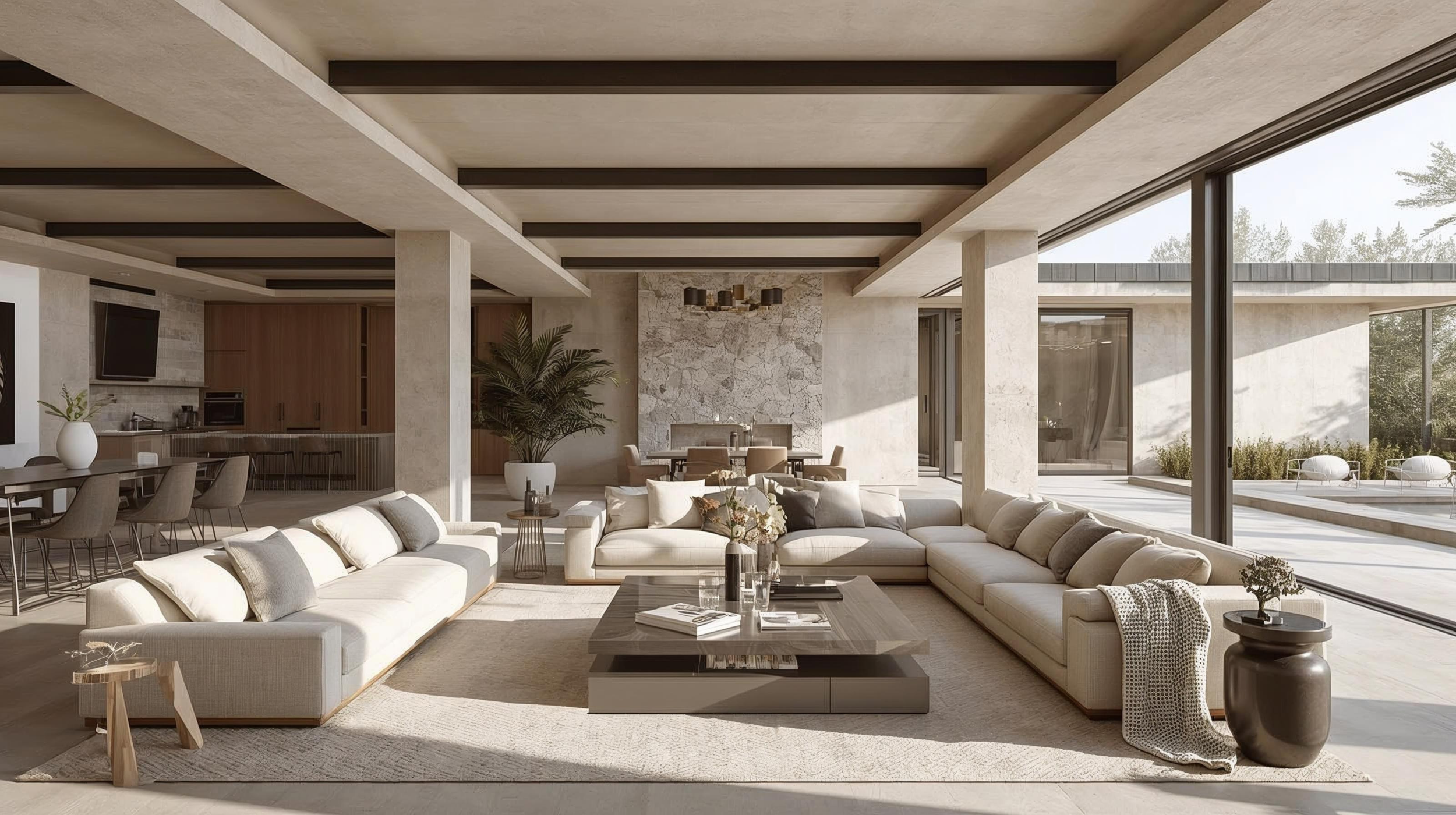 Great room with beamed ceiling and stone fireplace
